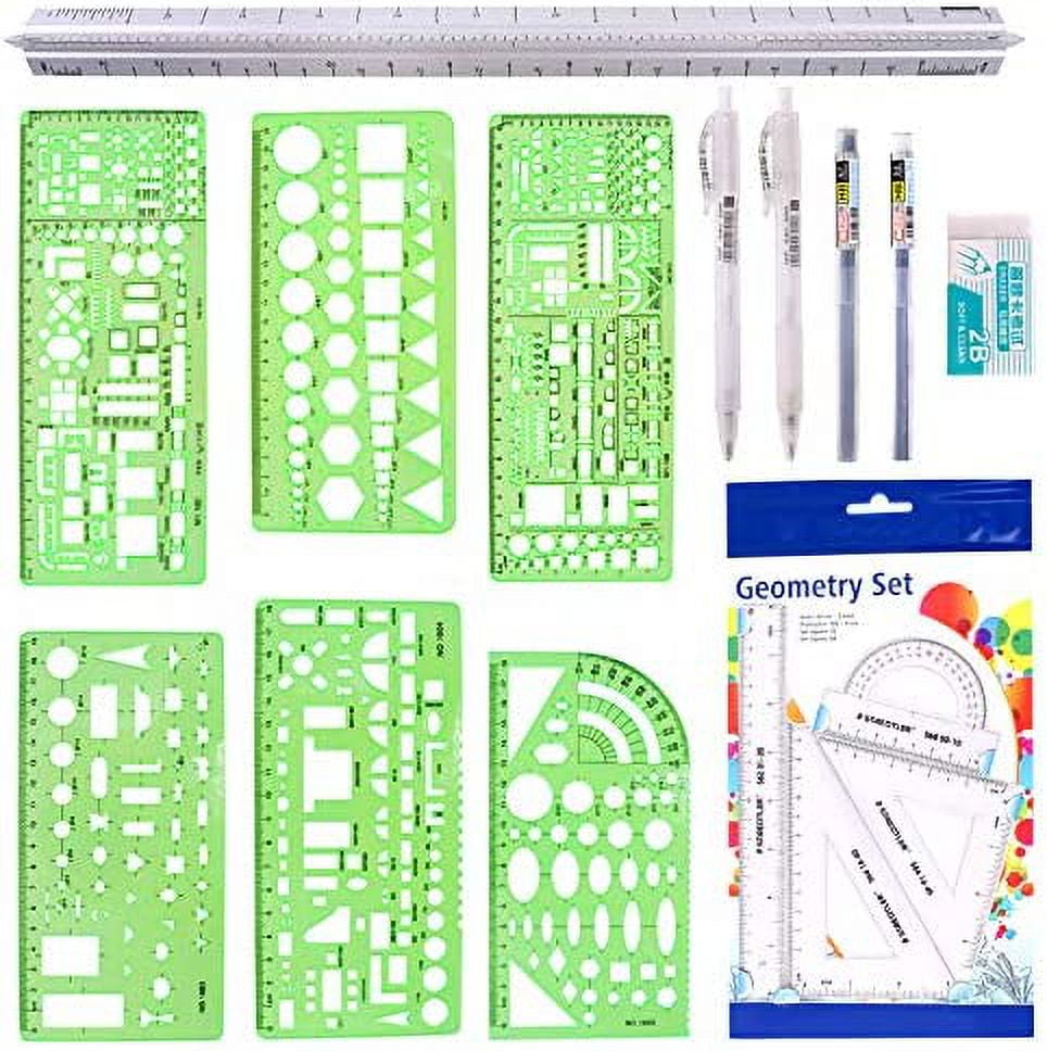 Traceease Geometric Drafting Templates Multi Shapes Drawing Stencils-  Geometry Designing Measuring Ruler- Pack of 9 Pieces