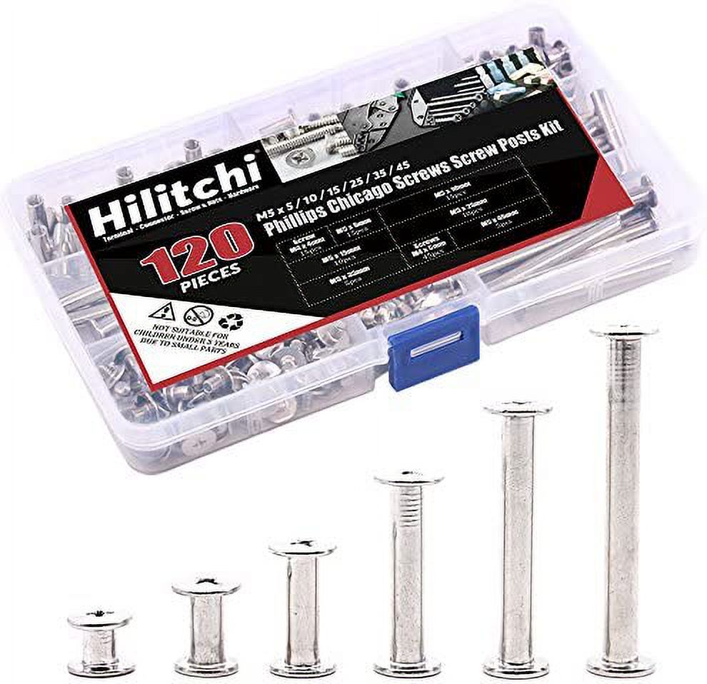Hilitchi 60-Set M5 x 5/10 15/25 35/45 Phillips Chicago Screw Binding  Screws Posts Assortment Kit for Scrapbook Photo Albums Binding and Leather  Saddles Purses Belt Repair