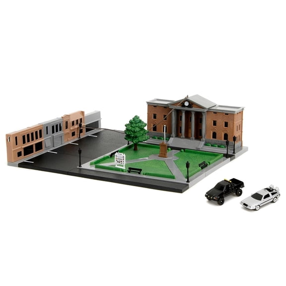 Jada Nanoscene Back To The Future Hill Valley Courthouse Diorama & 2 Iconic Vehicles (Time Machine & Toyota Pickup)