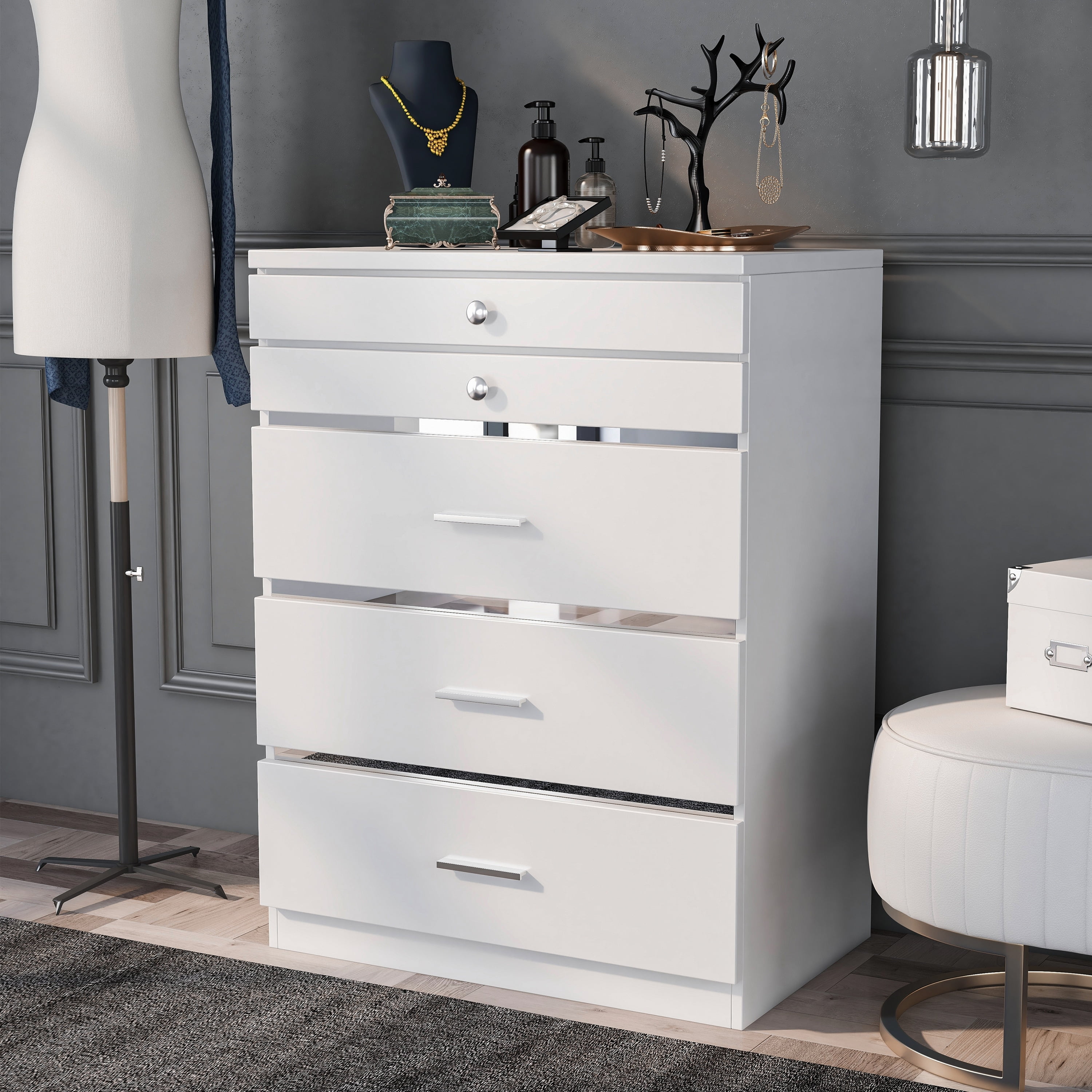 Furniture of America Hillcrest Glam Adult 5-Drawer Vertical Dresser, White