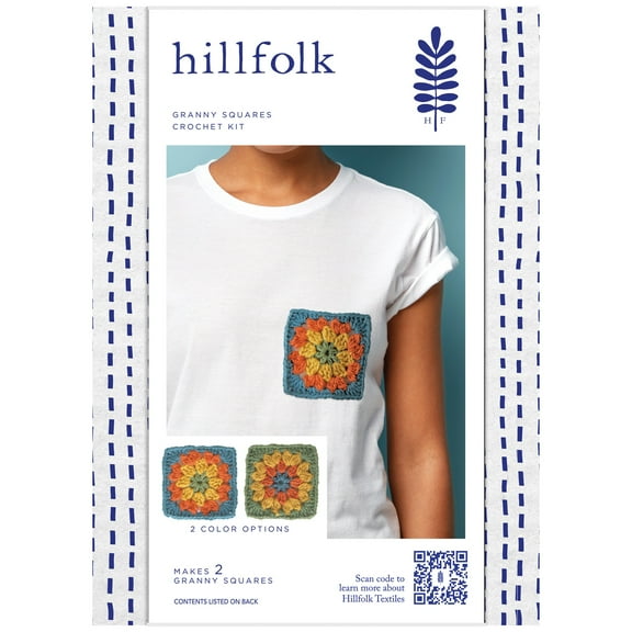 Hillfolk Crochet Granny Square Kit- Includes Crochet Hook, Yarn, Embroidery Floss, Needle And Instructions. Makes 2 Granny Squares, Approximately 4" X 4" Each.