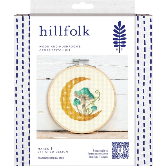 Hillfolk Cross Stitch Kit - Moon and Mushroom Design 6-inch for Ages 12 and up