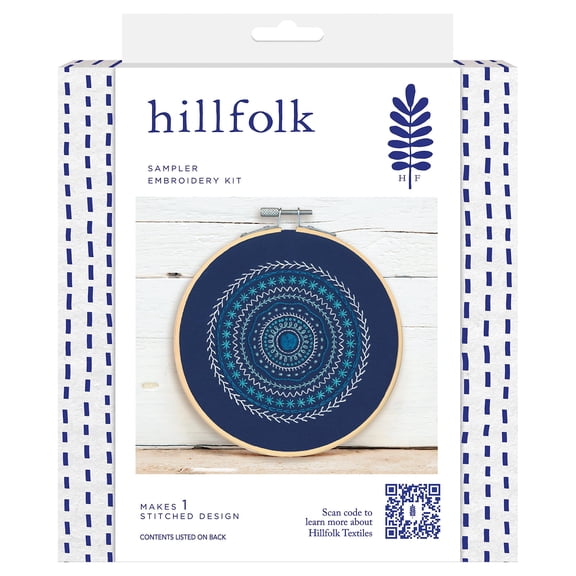 Hillfolk Embroidery Kit with Printed Fabric, Floss, Needle, and 6" Bamboo Hoop