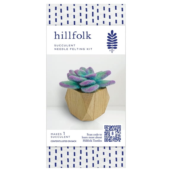 Hillfolk Needle Felted Succulent Kit- Includes Wool Roving, Needle, Foam Block, Wood Pot And Instructions. Purple, Makes One.