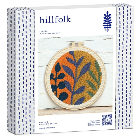 Hillfolk Punch Needle Leaf Kit- Includes 8" Plastic Hoop, Printed Fabric, Yarn, Punch Needle Tool And Instructions. Makes On 8" Punch Needle Design.