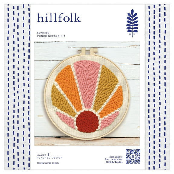 Hillfolk Punch Needle Sun Kit- Includes 8" Plastic Hoop, Printed Fabric, Yarn, Punch Needle Tool And Instructions. Makes On 8" Punch Needle Design.