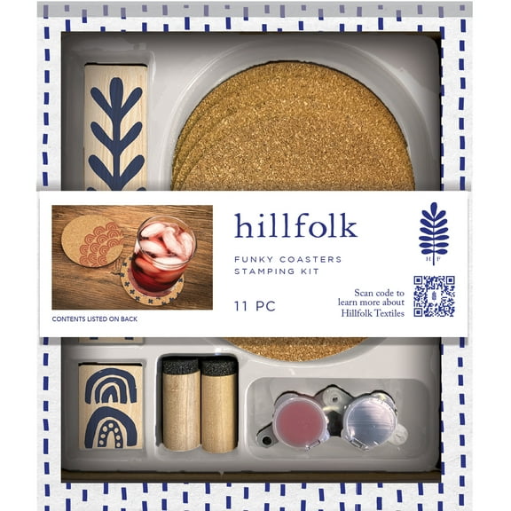 Hillfolk Stamped Coaster Kit- Includes Wood Stamps, 4 Cork Coasters, Wood And Foam Dabbers, Paint And Instructions. Makes 4 4" Coasters.
