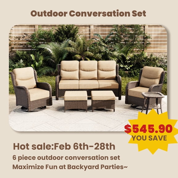 Hillga 6-Piece Patio Conversation Set with Side Table,Wicker Patio Sofa,Outdoor Swivel Glider Chairs with Cushions for Backyard,Beige