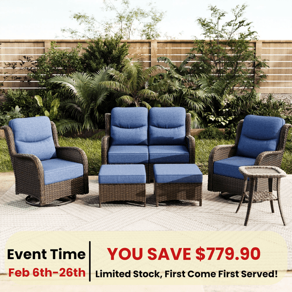 Hillga 6-Piece Patio Conversation Set with Side Table,Wicker Loveseat Sofa,Outdoor Swivel Glider Chairs with Cushions for Backyard,Blue