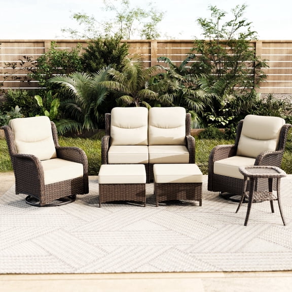 Hillga 6-Piece Patio Conversation Set with Side Table,Wicker Loveseat Sofa,Outdoor Swivel Glider Chairs with Cushions for Backyard,Cream