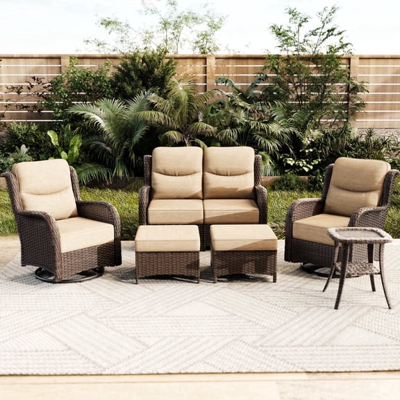 Hillga 6-Piece Patio Conversation Set with Side Table,Wicker Loveseat Sofa,Outdoor Swivel Glider Chairs with Cushions for Backyard,Beige