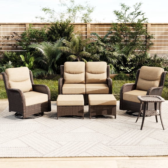 Hillga 6-Piece Patio Conversation Set with Side Table,Wicker Loveseat Sofa,Outdoor Swivel Glider Chairs with Cushions for Backyard,Beige