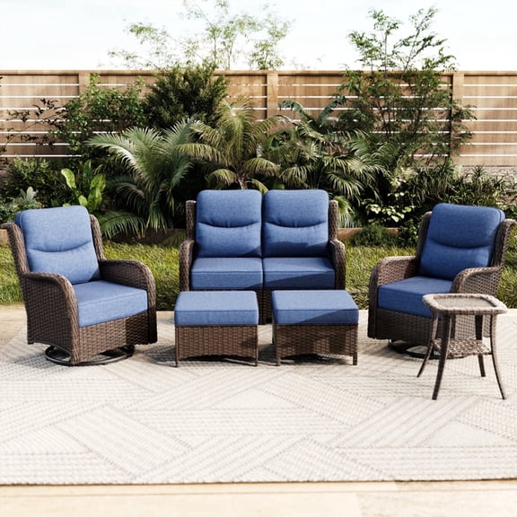 Hillga 6-Piece Patio Conversation Set with Side Table,Wicker Loveseat Sofa,Outdoor Swivel Glider Chairs with Cushions for Backyard,Blue