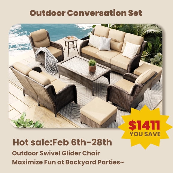 Hillga 8-Piece Patio Conversation Set with Patio Sofas,Outdoor Swivel Glider Chairs with Cushions,Coffee Table for Backyard,Beige