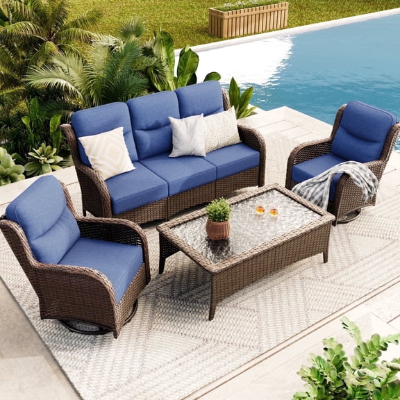 Hillga 4-Piece Patio Conversation Set with Patio Sofa,Outdoor Swivel Glider Chairs with Cushions,Coffee Table for Backyard,Blue