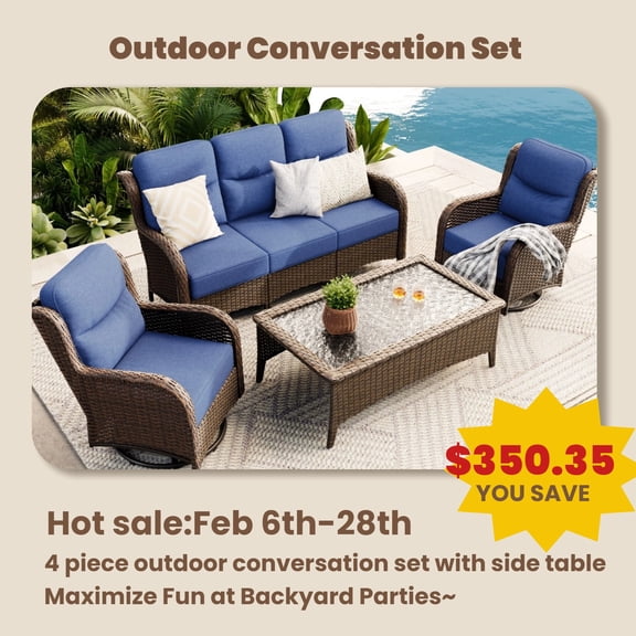Hillga 4-Piece Patio Conversation Set with Patio Sofa,Outdoor Swivel Glider Chairs with Cushions,Coffee Table for Backyard,Blue