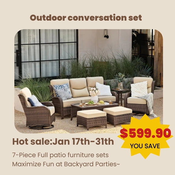 Hillga Outdoor Wicker Patio Furniture Set 3 - Seat Sofa, 2 Swivel Glider Chairs, 2 Ottomans, Coffee Table & Side Table for Backyard,Beige