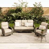 Hillga Patio Furniture Set 3 - Seat Wicker Patio Sofa, 2 Swivel Glider Chairs & Side Table, All - Weather Wicker with Cushions,Beige