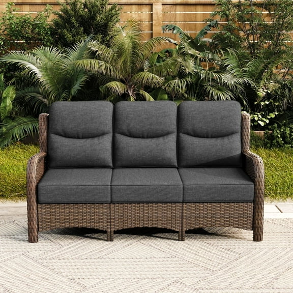 Hillga Wicker Outdoor 3-Seat Sofa with Cushions for Backyard,Darkgray