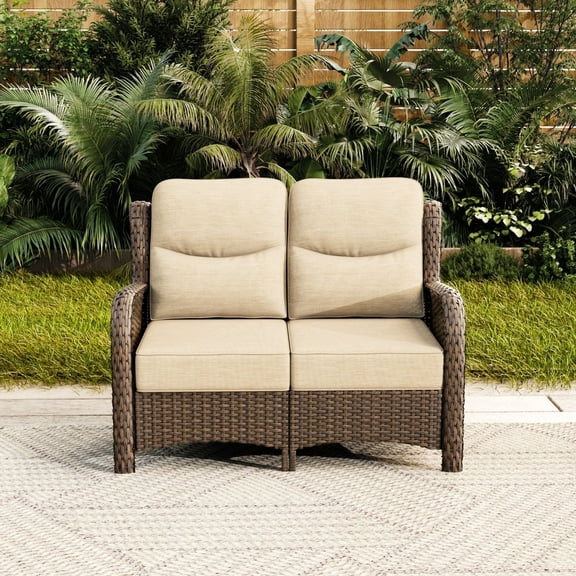 Hillga Wicker Outdoor Loveseat Sofa with Cushions for Backyard,Beige
