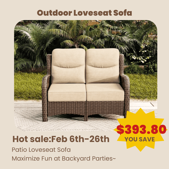 Hillga Wicker Outdoor Loveseat Sofa with Cushions for Backyard,Beige