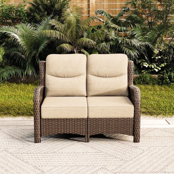 Hillga Wicker Outdoor Loveseat Sofa with Cushions for Backyard,Beige