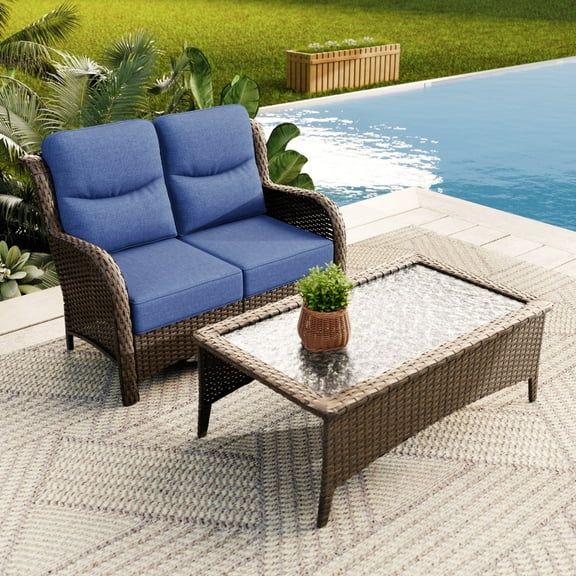 Hillga Wicker Patio Furniture Set,2 - Piece Loveseat with Cushions and Coffee Table for Backyard,Blue