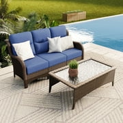 Hillga Wicker Patio Furniture Set,3-Seat Sofa with Cushions and Coffee Table for Backyard,Blue