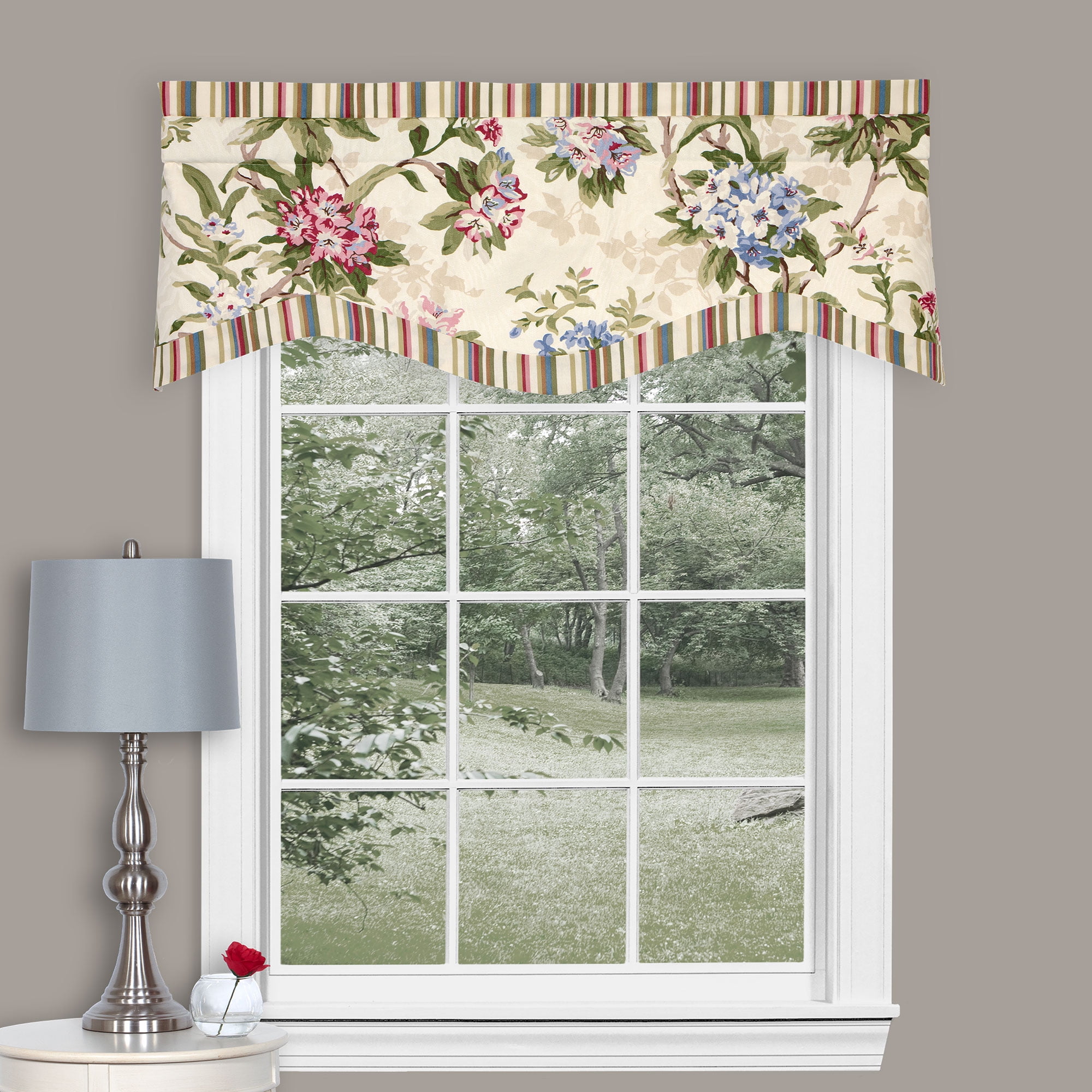 Floral Scalloped Cotton Duck Valance with Striped Trim