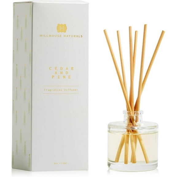 Hillhouse Naturals Reed Diffuser Set - Cedar & Pine Scent Diffuser - Reed Diffusers for Home with Long Lasting Fragrance – 4 oz Oil – Diffuse Time 4-6 Months – Made in The USA