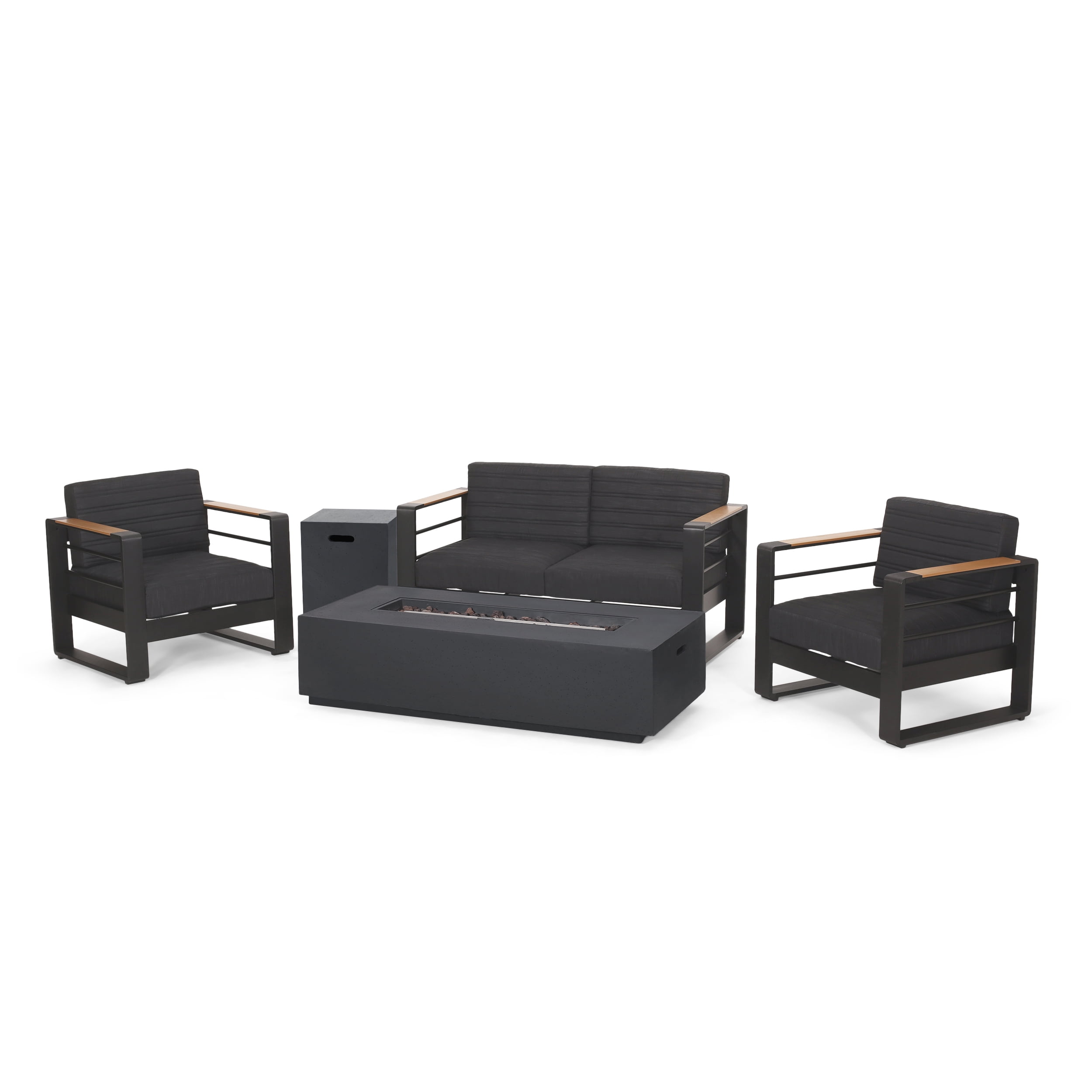 Hooven Black and Natural Aluminum 4 Seater Chat Set with Fire Pit
