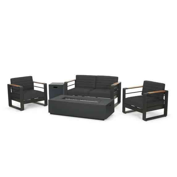 Hilliard Aluminum Outdoor 4 Seater Chat Set with Fire Pit, Black, Natural, and Dark Gray