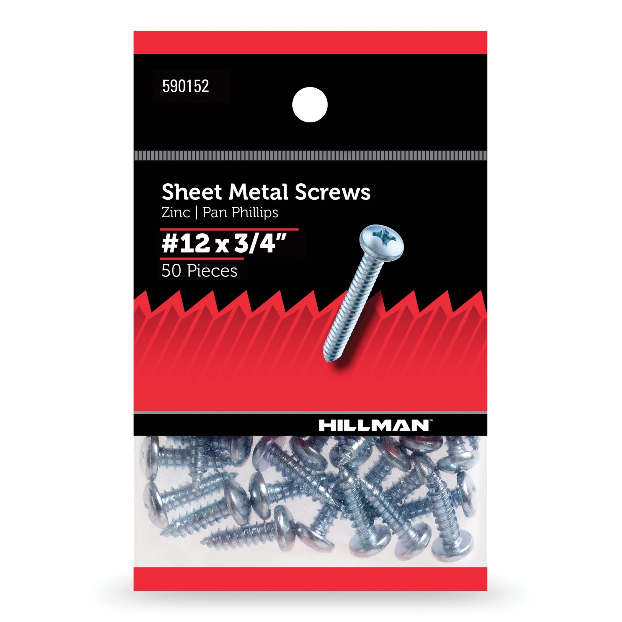 Hillman Sheet Metal Screws, #12 x 3/4", Steel, Zinc, Interior, Phillips, Silver, 50 pack