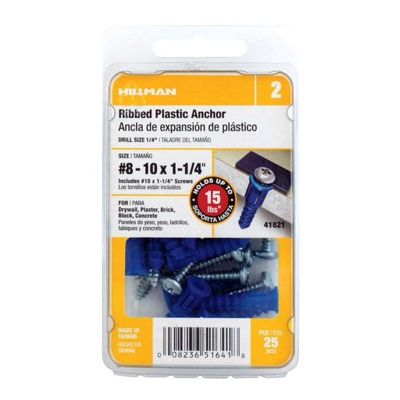 Hillman #8 - #10 - #12 Thread x 1-1/4 In. Blue Ribbed Plastic Anchor (25-Count)