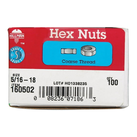 Hillman 160502 0.31-18 in. Zinc Grade 5 Hex Nut - Pack of 100