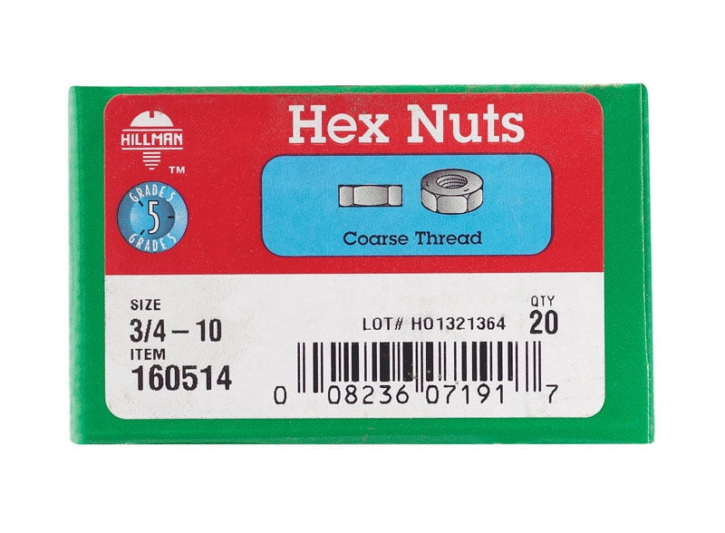 Hillman 3/4 in. Zinc-Plated Steel USS Hex Nut 20 pk Hillman 3/4 in. Zinc-Plated Steel USS Hex Nut 20 pk