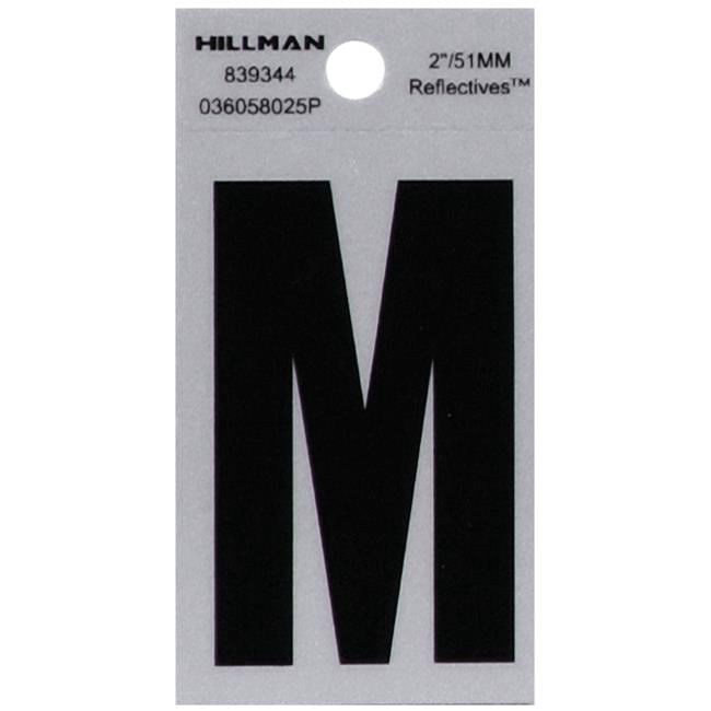 Hillman Group 839344 2 in. Black & Silver Reflective Mylar Square Cut Self Adhesive Letter - M - 6 Piece