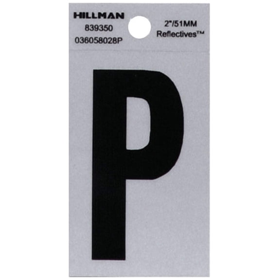 5028460 2"" BLK/SLV P ADHV 1PC Hillman 2 in. Reflective Black Mylar Self-Adhesive Letter P 1 pc
