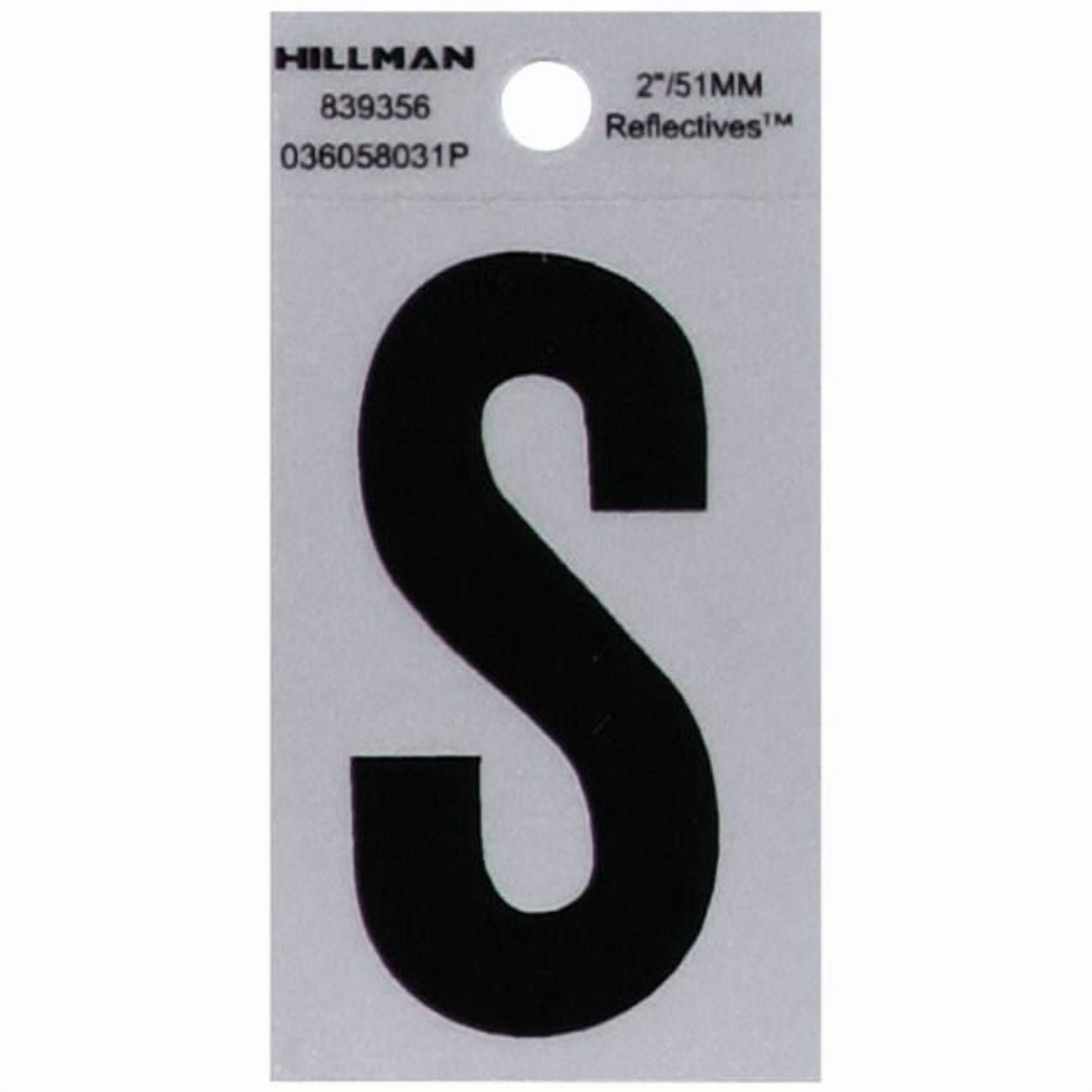 Hillman Group 839356 2 in. Black & Silver Reflective Mylar Square Cut Self Adhesive Letter - S - 6 Piece