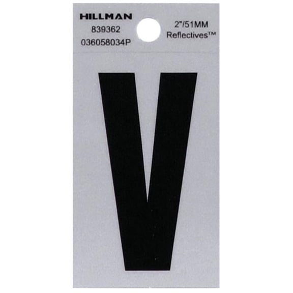Hillman Group 839362 2 in. Black & Silver Reflective Mylar Square Cut Self Adhesive Letter - V - 6 Piece