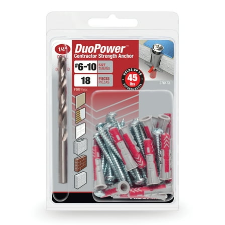 DuoPower Contractor-Strength Nylon Anchors, #6-10, Nylon, 45 lb., Red, 18 pack