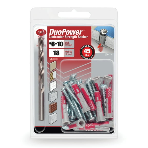 DuoPower Contractor-Strength Nylon Anchors, #6-10, Nylon, 45 lb., Red, 18 pack