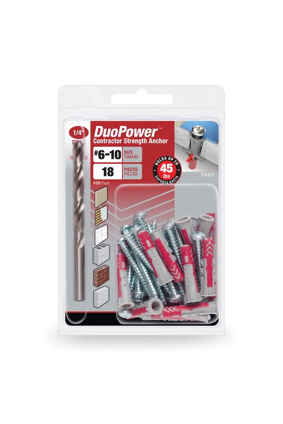 DuoPower Contractor-Strength Nylon Anchors, #6-10, Nylon, 45 lb., Red, 18 pack