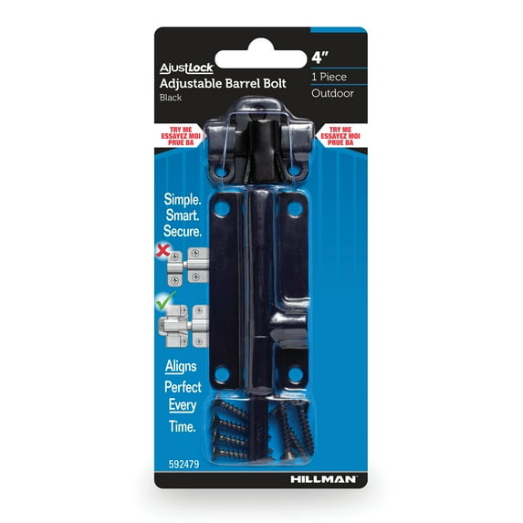 Hillman Adjustable Barrel Bolt, 4", Steel, Outdoor, Black, 1 set