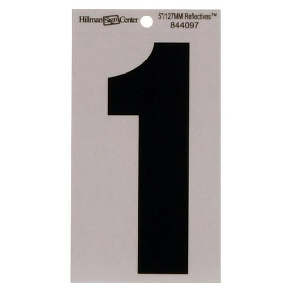 Hillman Group 844097 5 in. Black & Silver Reflective Mylar Square Cut Self Adhesive Number - 1