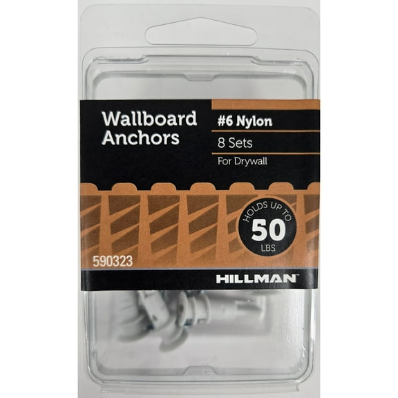 Hillman Drywall Anchor Screws, #6, Nylon, Pan Head Phillips, 50 lb., White, 8 pack