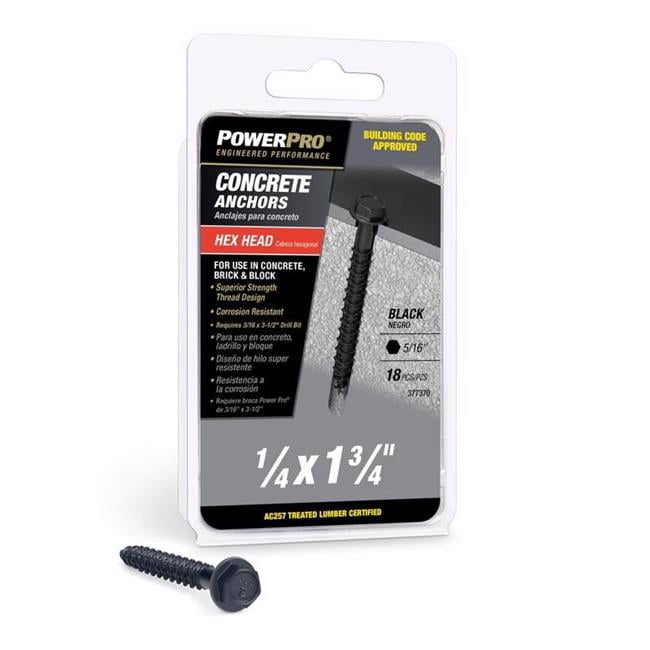 Hillman 5049787 0.25 x 1.75 in. Power Pro Carbon Steel Hex Head Concrete Screw Anchor, Black - 18 Piece