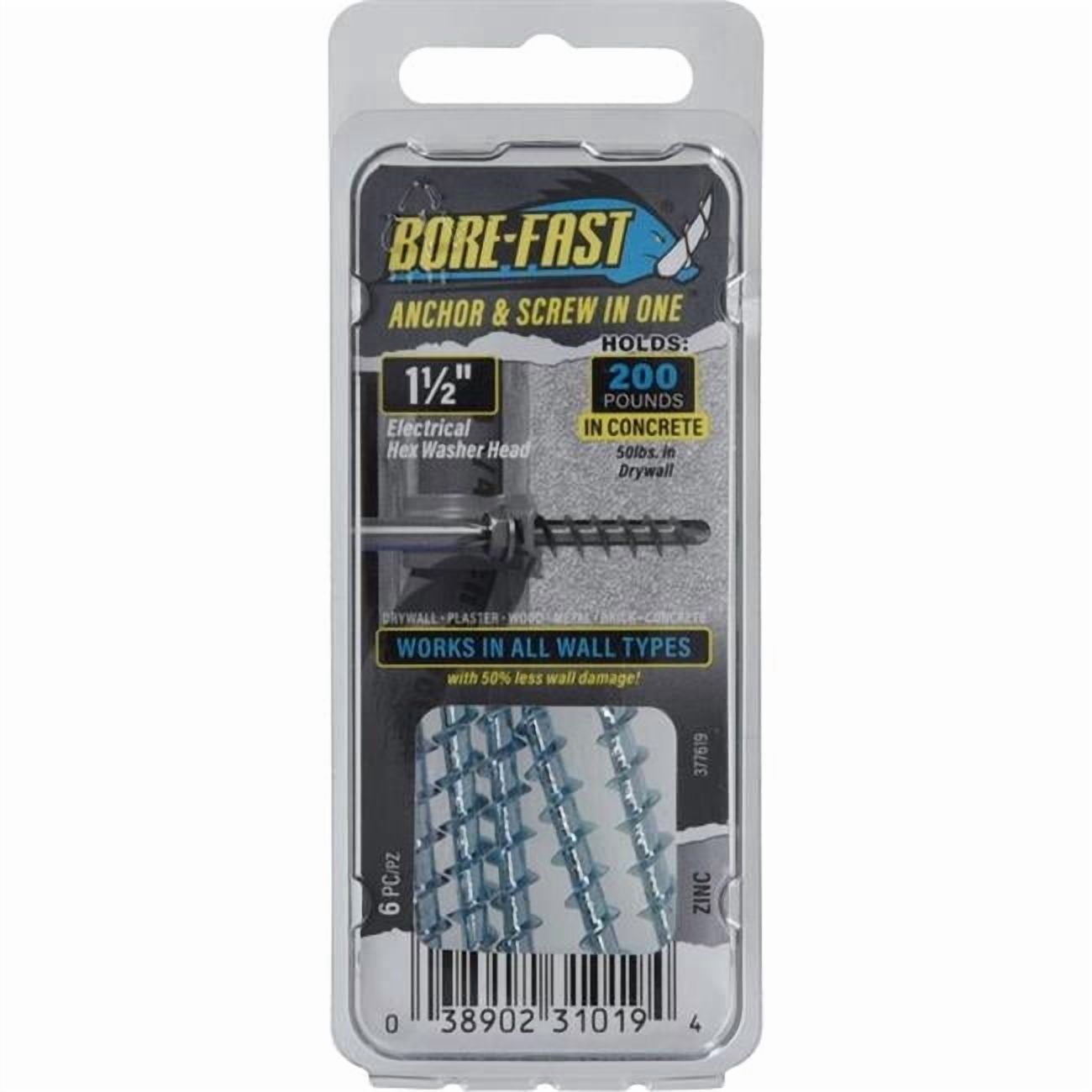 Hillman 5049796 0.25 x 1.5 in. Borefast Steel Hex Head Screw & Anchor, Silver - Pack of 6