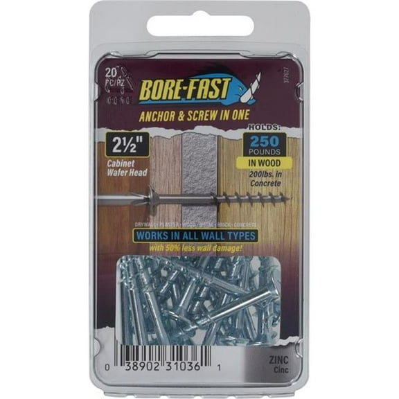 Hillman 5049803 0.25 x 2.5 in. Borefast Steel Pan & Wafer Head Screw & Anchor, Pack of 20