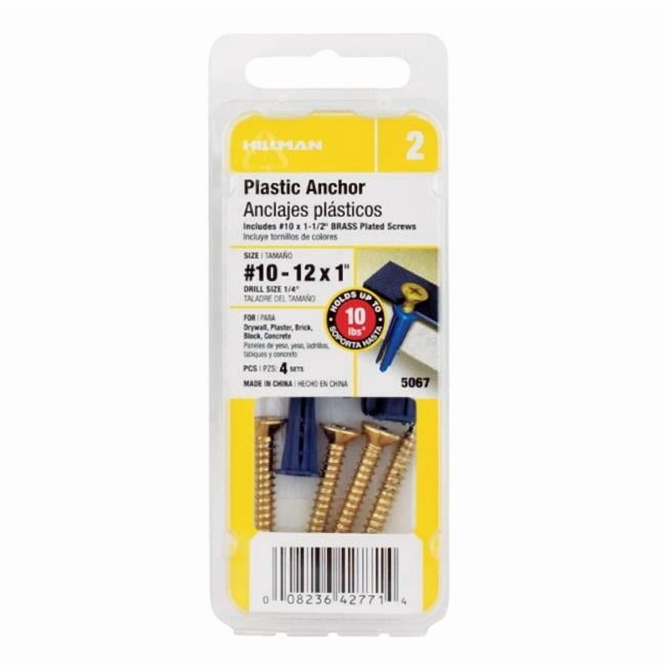 Hillman 5067 10-12 x 1 in. Flat Head Plastic Anchors with Screws Brass - pack of 10